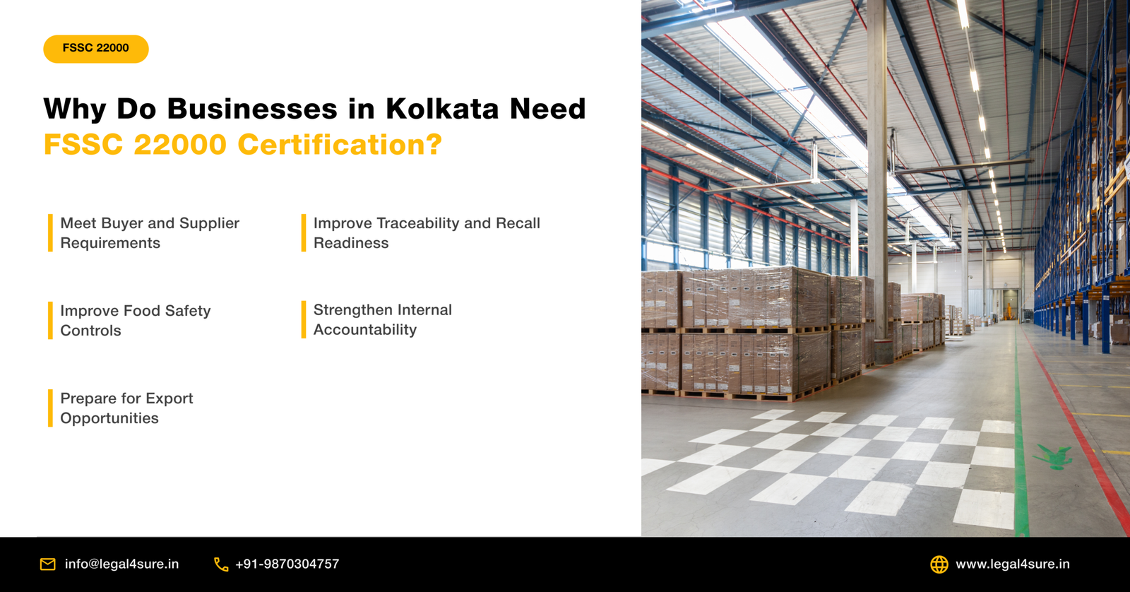 Expert FSSC 22000 Certification in Kolkata: Process, Cost and Consultants 1 Modern warehouse with pallets – why Kolkata businesses need FSSC 22000 certification for food safety