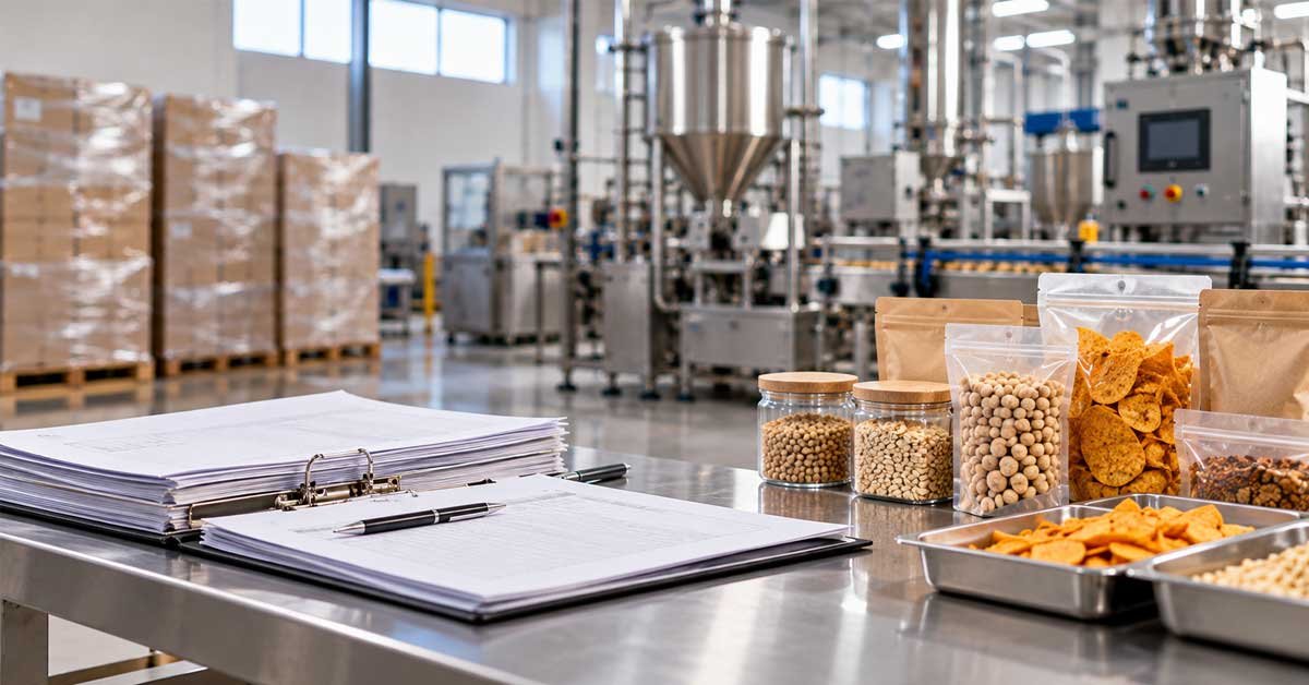 How to Pass a Sedex/SMETA Audit on the First Attempt 2 Food factory quality documents, jars of chickpeas and packaged snacks on stainless table with packaging machines in background