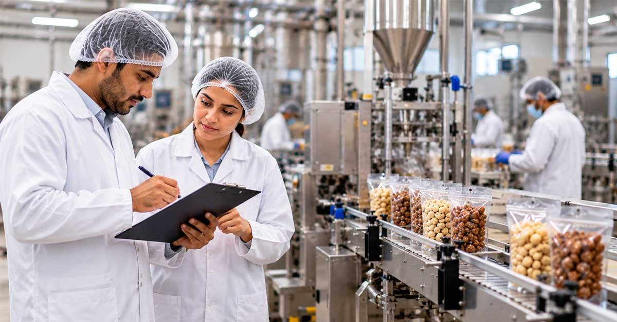 Sedex Membership Fee vs SMETA Audit Fee: Complete Cost Breakdown for Indian Suppliers 1 Male and female quality inspectors in white coats and hairnets checking clipboard in nut packaging factory