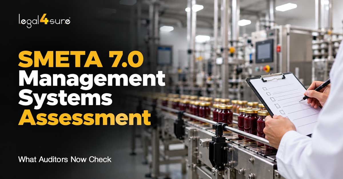 Auditor checking clipboard beside conveyor of jam jars – SMETA 7.0 Management Systems Assessment