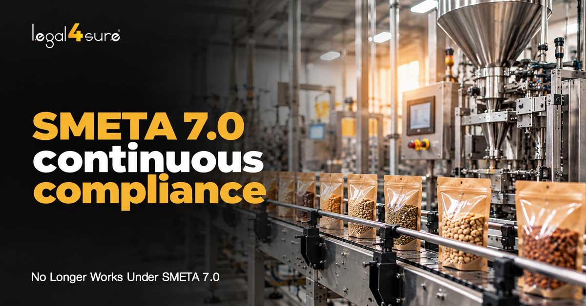Automated packaging line with pouches of nuts on conveyor – SMETA 7.0 continuous compliance requirements